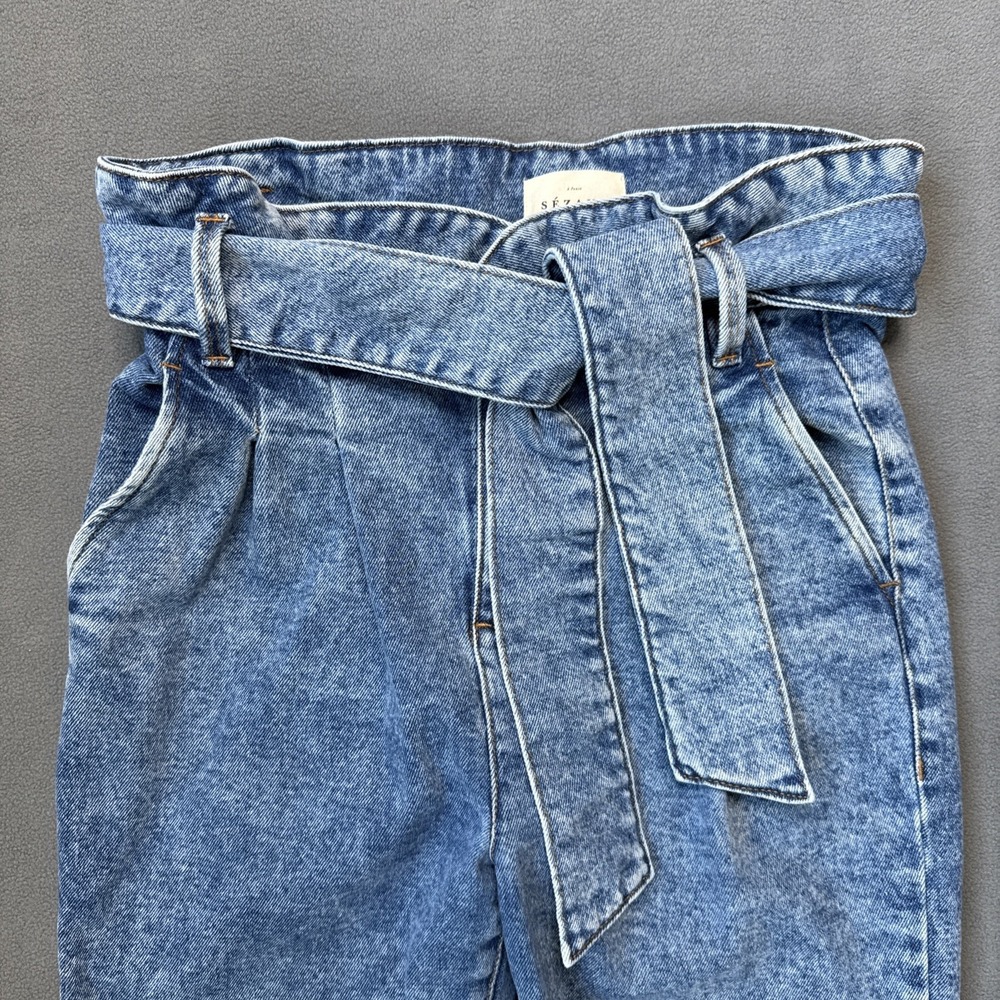 Sezane‎ Jeans Womens 34 Blue Austin High Waist Pleat Paperbag Preppy HEMMED READ - Picture 3 of 16